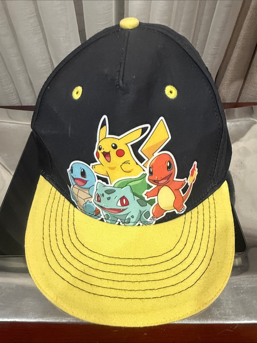 Kids Black and Yellow Cap with Pikachu, Charmander, Squirtle & Bulbasaur